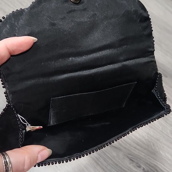 AS IS Vintage Beaded Black Satin Clutch Evening Bag - Picture 6 of 7